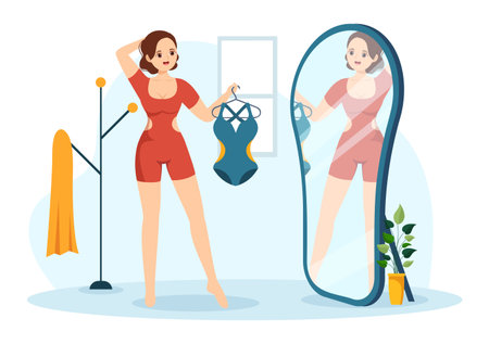 Swimwear with Different Designs of Bikinis and Swimsuits for Women at the Summer Beach in Flat Style Cartoon Hand Drawn Templates Illustrationのイラスト素材