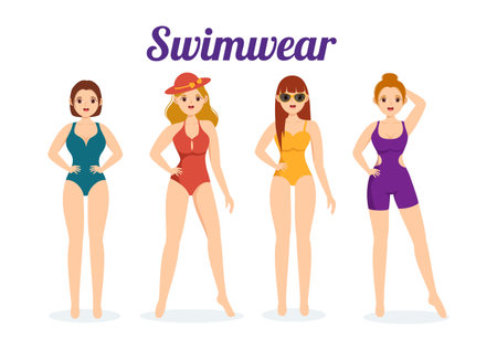 Swimwear with Different Designs of Bikinis and Swimsuits for Women at the Summer Beach in Flat Style Cartoon Hand Drawn Templates Illustrationのイラスト素材