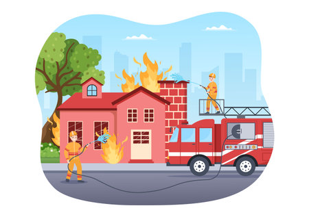Fire Department with Firefighters Extinguishing House, Forest and Helping People in Various Situations in Flat Hand Drawn Cartoon Illustrationのイラスト素材