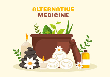 Alternative Medicine or Herbal Cure of Energy Therapies with Ginseng Root, Essential Oil and Seeds in Flat Cartoon Hand Drawn Templates Illustrationのイラスト素材