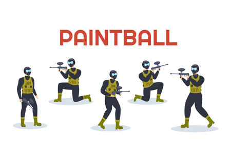 People Playing Paintball of Fighter Player Shooting with Gun Shoot, Aim, Attack in Field Scene in Flat Cartoon Hand Drawn Template Illustrationのイラスト素材