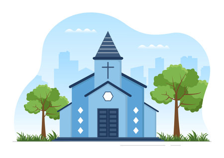 Cathedral Catholic Church Building with Architecture, Medieval and Modern Churches Interior Design in Flat Cartoon Hand Drawn Templates Illustrationのイラスト素材