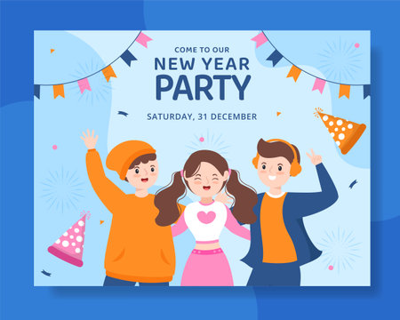 Happy New Year Celebration Photocall Flat Cartoon Hand Drawn Templates Illustrationのイラスト素材