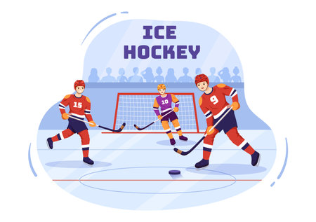 Ice Hockey Player Sport with Helmet, Stick, Puck and Skates in Ice Surface for Game or Championship in Flat Cartoon Hand Drawn Templates Illustrationのイラスト素材