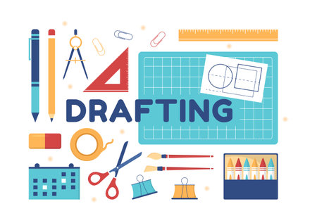 Drafting, Engineer or Architect Working on Drawing Board Projecting and Draft in Flat Cartoon Hand Drawn Templates Illustrationのイラスト素材