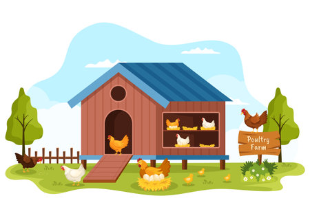 Poultry Farming with Farmer, Cage, Chicken and Egg Farm on Green Field Background View in Hand Drawn Cute Cartoon Template Illustrationのイラスト素材