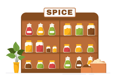 Spice Shop with Different Hot Spices, Condiment, Exotic Fresh Seasoning and Traditional Herbs in Flat Cartoon Hand Drawn Templates Illustrationのイラスト素材