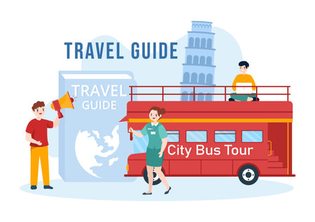 Travel Guide and Tour with Showing Interesting Places to Group of Tourist for Planning Vacation in Flat Cartoon Hand Drawn Templates Illustrationのイラスト素材