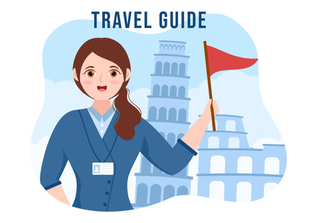 Travel Guide and Tour with Showing Interesting Places to Group of Tourist for Planning Vacation in Flat Cartoon Hand Drawn Templates Illustrationのイラスト素材