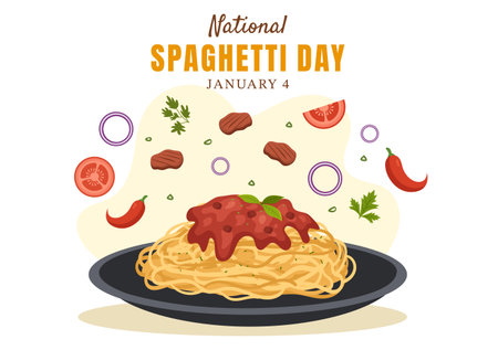 National Spaghetti Day on 4th January with a Plate of Italian Noodles or Pasta Different Dishes in Flat Cartoon Hand Drawn Template Illustrationのイラスト素材
