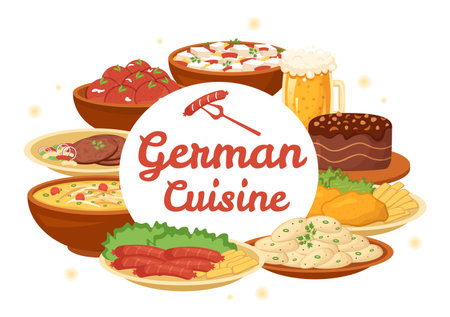German Food Restaurant with Collection of Delicious Cuisine Traditional and Drinks in Flat Cartoon Hand Drawn Templates Illustrationのイラスト素材