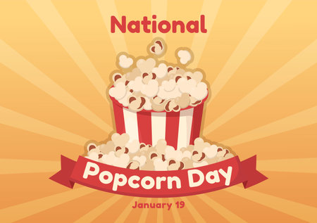 National Popcorn Day on January 19th with a Big Box of Red and White Stripe in Flat Cartoon Background Hand Drawn Templates Illustrationのイラスト素材