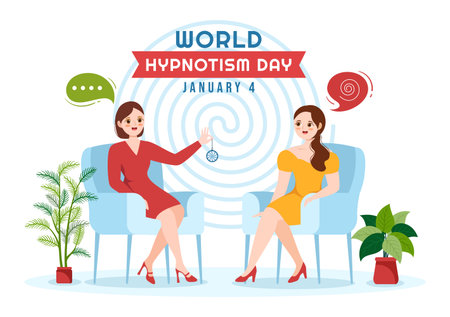 World Hypnotism Day with Black and White Spiral, Altered State of Mind, Hypnosis Treatment Service in Flat Cartoon Hand Drawn Templates Illustrationのイラスト素材