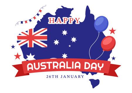 Happy Australia Day Observed Every Year on January 26th with Flags and Map to Diversity of Peoples in Flat Cartoon Hand Drawn Template Illustrationのイラスト素材