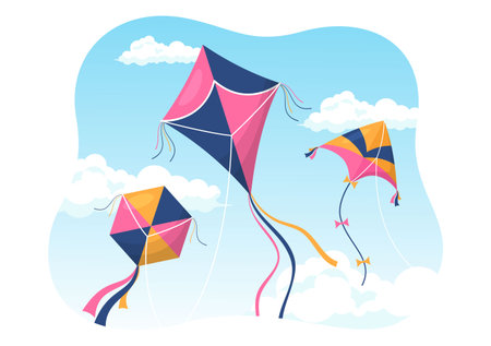 National Kite Flying Day on February 8 of Sunny Sky Background in Kids Summer Leisure Activity in Flat Cartoon Hand Drawn Templates Illustrationのイラスト素材