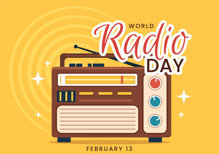 World Radio Day on February 13 of Idea for Landing Page Template, Banner and Poster in Flat Style Cartoon Background Hand Drawn Illustrationのイラスト素材