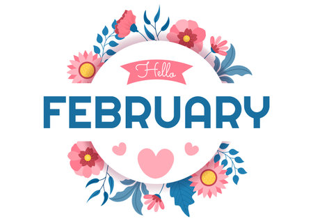 Hello February Month with Flowers, Hearts, Leaves and Cute Lettering for Decoration Background in Flat Cartoon Hand Drawn Templates Illustrationのイラスト素材