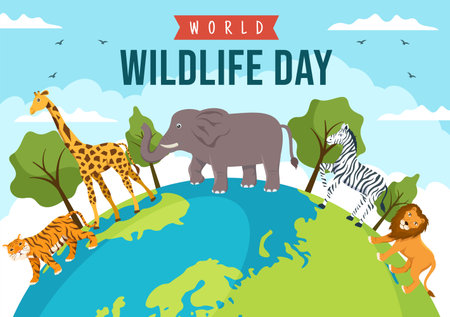 World Wildlife Day on March 3rd to Raise Animal Awareness, Plant and Preserve Their Habitat in Forest in Flat Cartoon Hand Drawn Template Illustrationのイラスト素材