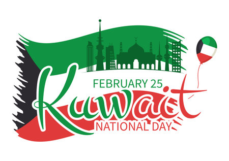 National Kuwait Day on February 25th with Waving Flag and Independence Celebration in Flat Cartoon Hand Drawn Templates Illustrationのイラスト素材