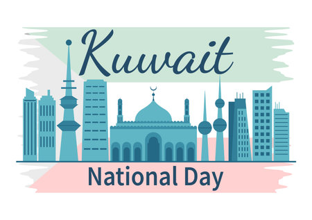 National Kuwait Day on February 25th with Waving Flag and Independence Celebration in Flat Cartoon Hand Drawn Templates Illustrationのイラスト素材