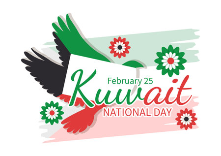 National Kuwait Day on February 25th with Waving Flag and Independence Celebration in Flat Cartoon Hand Drawn Templates Illustrationのイラスト素材