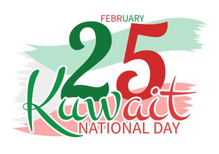 National Kuwait Day on February 25th with Waving Flag and Independence Celebration in Flat Cartoon Hand Drawn Templates Illustrationのイラスト素材