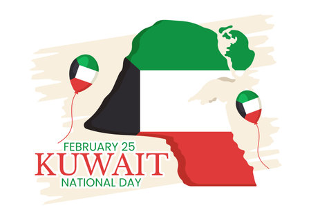 National Kuwait Day on February 25th with Waving Flag and Independence Celebration in Flat Cartoon Hand Drawn Templates Illustrationのイラスト素材