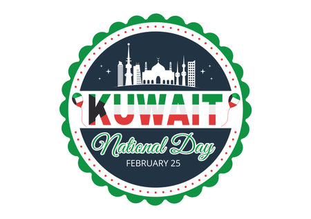 National Kuwait Day on February 25th with Waving Flag and Independence Celebration in Flat Cartoon Hand Drawn Templates Illustrationのイラスト素材