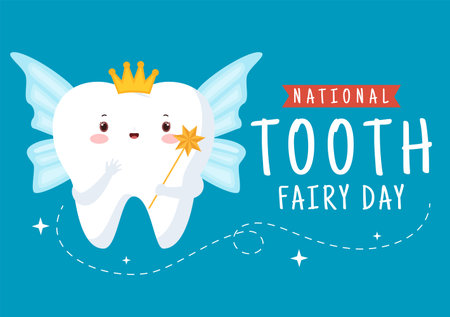 National Tooth Fairy Day with Little Girl to Help Kids for Dental Treatment Fit as a Poster in Flat Cartoon Hand Drawn Template Illustrationのイラスト素材