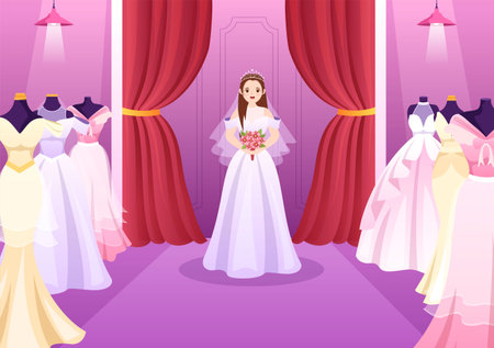 Wedding Shop with Jewelry, Beautiful Bride Gowns and Accessories Suitable for Poster in Flat Cartoon Hand Drawn Template Illustrationのイラスト素材