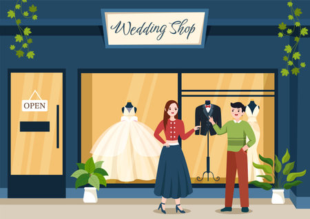 Wedding Shop with Jewelry, Beautiful Bride Gowns and Accessories Suitable for Poster in Flat Cartoon Hand Drawn Template Illustrationのイラスト素材