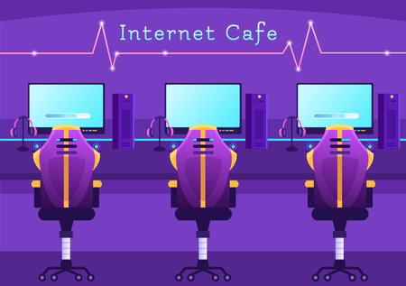 Internet Cafe of Young People Playing Games, Workplace use a Laptop, Talking and Drinking in Flat Cartoon Hand Drawn Templates Illustrationのイラスト素材