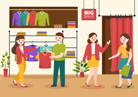 T shirt Store for Buying New Products Clothing or Outfit with Various Color and Model in Flat Cartoon Hand Drawn Templates Illustrationのイラスト素材