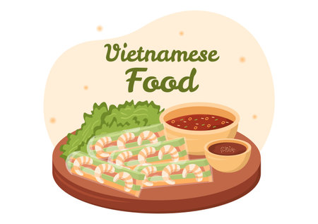 Vietnamese Food Restaurant Menu with Collection of Various Delicious Cuisine Dishes in Flat Style Cartoon Hand Drawn Templates Illustrationのイラスト素材