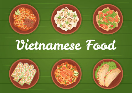 Vietnamese Food Restaurant Menu with Collection of Various Delicious Cuisine Dishes in Flat Style Cartoon Hand Drawn Templates Illustrationのイラスト素材