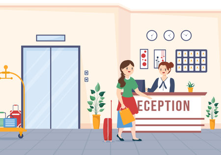 Hotel Reception Interior with Receptionist People and Travelers for Booking in Flat Cartoon Hand Drawn Template Illustrationのイラスト素材