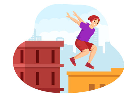 Parkour Sports with Young Men Jumping Over Walls and Barriers in City Streets and Buildings in Flat Cartoon Hand Drawn Template Illustrationのイラスト素材