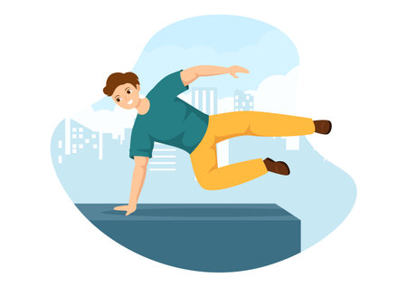 Parkour Sports with Young Men Jumping Over Walls and Barriers in City Streets and Buildings in Flat Cartoon Hand Drawn Template Illustrationのイラスト素材