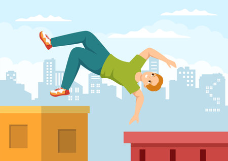 Parkour Sports with Young Men Jumping Over Walls and Barriers in City Streets and Buildings in Flat Cartoon Hand Drawn Template Illustrationのイラスト素材