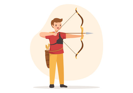 Archery Sport with Bow and Arrow Pointing at Target for Outdoor Recreational Activity in Flat Cartoon Hand Drawn Template Illustrationのイラスト素材