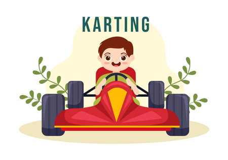 Karting Sport with little kids Racing Game Go Kart or Mini Car on Small Circuit Track in Flat Cartoon Hand Drawn Template Illustrationのイラスト素材