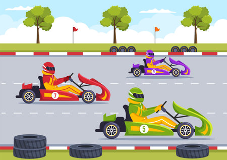 Karting Sport with Racing Game Go Kart or Mini Car on Small Circuit Track in Flat Cartoon Hand Drawn Template Illustrationのイラスト素材