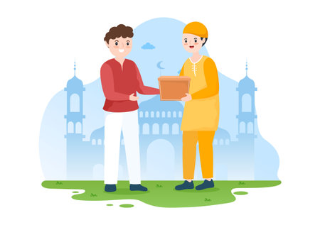 Muslim People Giving Alms, Zakat or Infaq Donation to a Person Who Need it in Flat Cartoon Poster Hand Drawn Templates Illustrationのイラスト素材