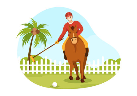 Polo Horse Sports with Player Riding Horse and Holding Stick use Equipment Set in Flat Cartoon Poster Hand Drawn Template Illustrationのイラスト素材