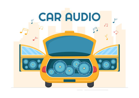 Car Audio with Loud Speakers, Sound System or Music Automobile in Flat Cartoon Poster Hand Drawn Templates Illustrationのイラスト素材