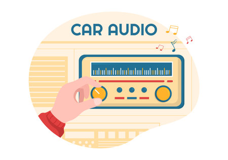 Driving a Car Listening to Music with Loud Speakers or Sound System in Flat Cartoon Poster Hand Drawn Templates Illustrationのイラスト素材