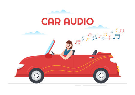 Driving a Car Listening to Music with Loud Speakers or Sound System in Flat Cartoon Poster Hand Drawn Templates Illustrationのイラスト素材