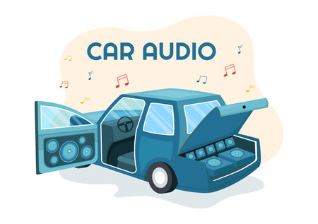 Car Audio with Loud Speakers, Sound System or Music Automobile in Flat Cartoon Poster Hand Drawn Templates Illustrationのイラスト素材