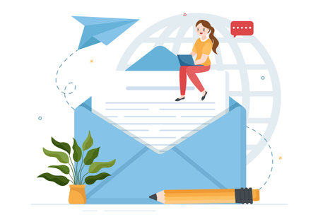 Email Service with Correspondence Delivery, Electronic Mail Message and Business Marketing in Flat Cartoon Hand Drawn Templates Illustrationのイラスト素材
