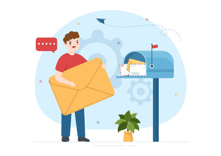 Email Service with Correspondence Delivery, Electronic Mail Message and Business Marketing in Flat Cartoon Hand Drawn Templates Illustrationのイラスト素材